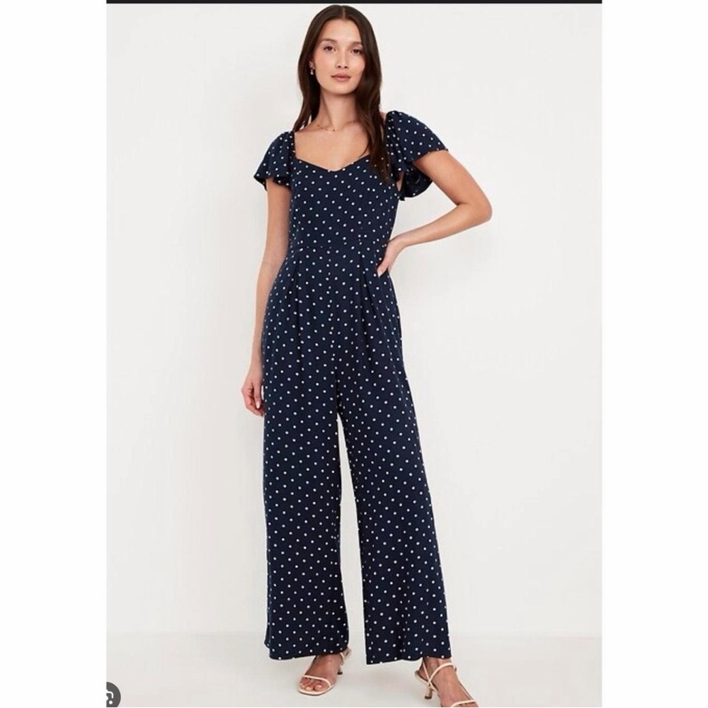 Old Navy Navy and White Polka Dot Flutter-Sleeve Jumpsuit